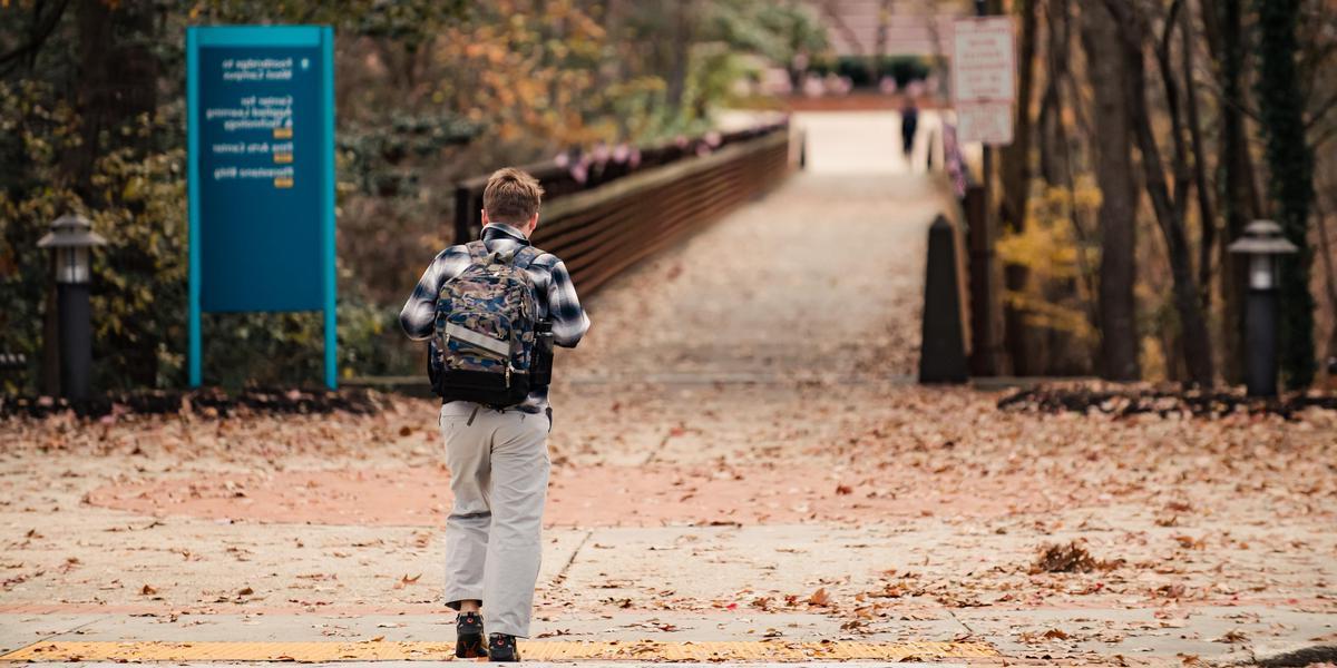 Student walking across footbridge in the fall.